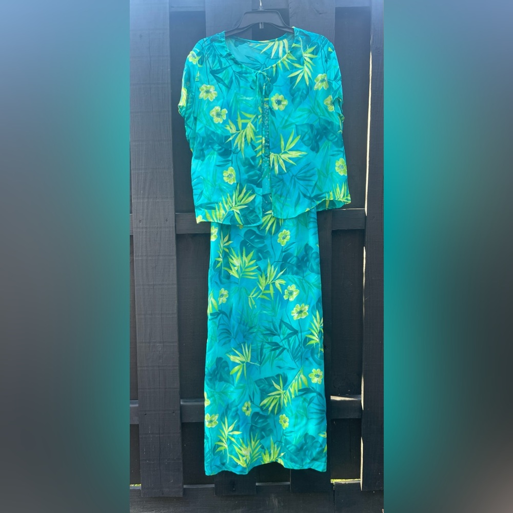 Robbie Bee Women's Aqua Floral Maxi Spaghetti Strap Dress & Sheer Blouse Size 14